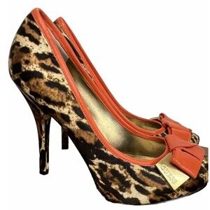 Guess Shoes High Heels Leopard Animal‎ Gold Logo Bow Brown Black Mob Wife 7.5